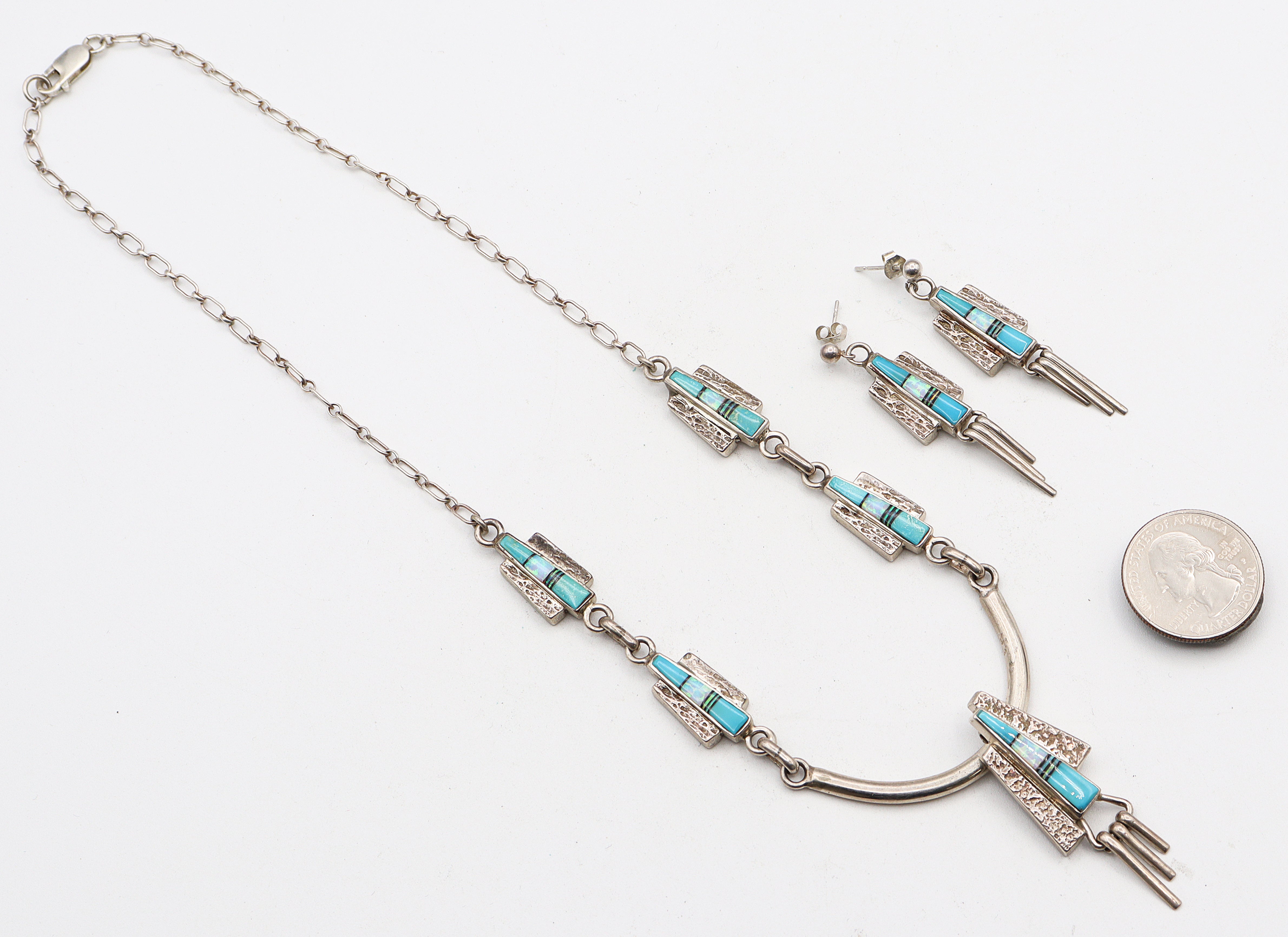 Zuni Southwestern Signed Sterling Silver Multi-Stone Inlay Necklace Earring Set