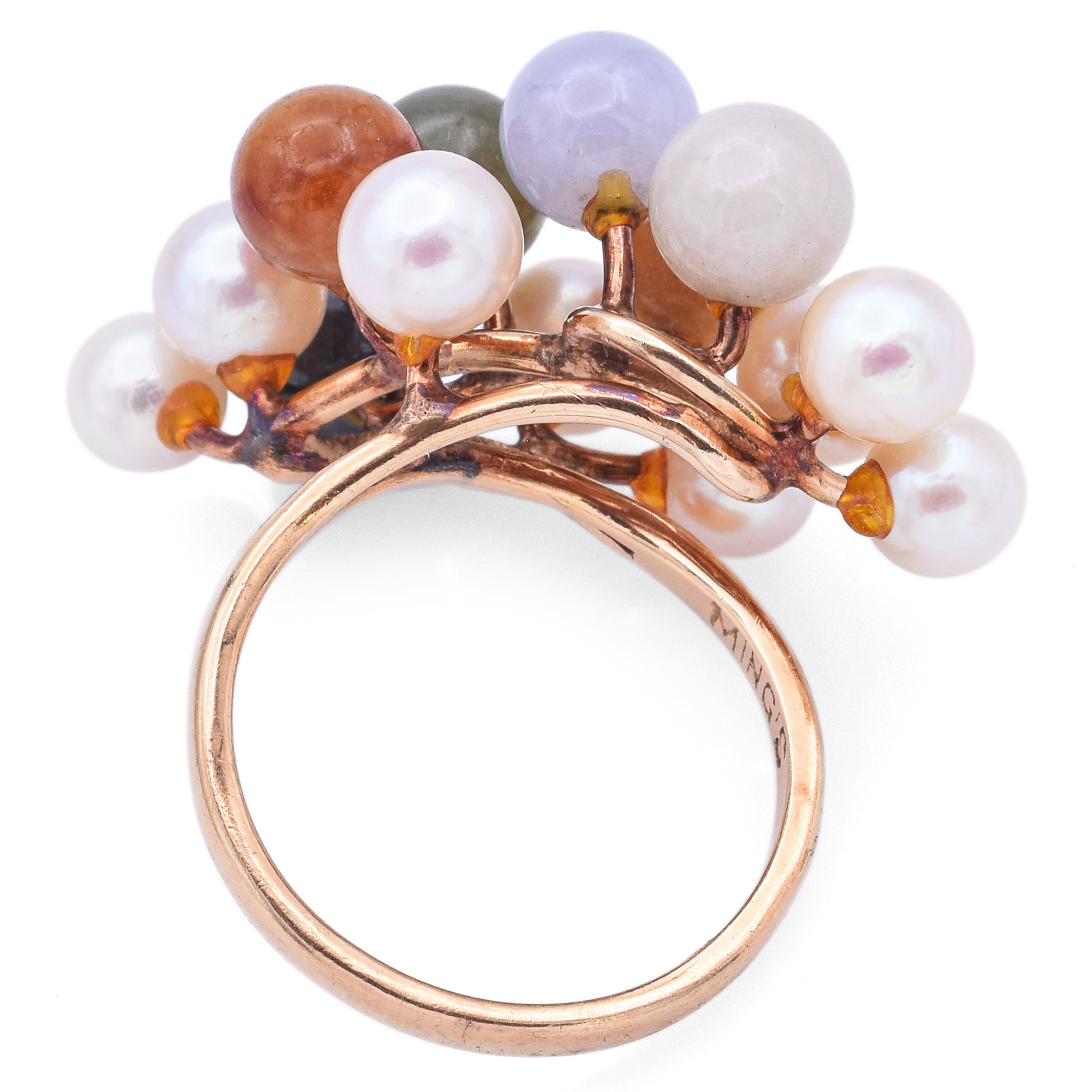 Ming's 14K Yellow Gold Multi-Color Jade & Pearl Cluster Cocktail Ring Size 6