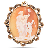 Antique Yellow Gold Cameo Woman With Two Children and Bird Brooch