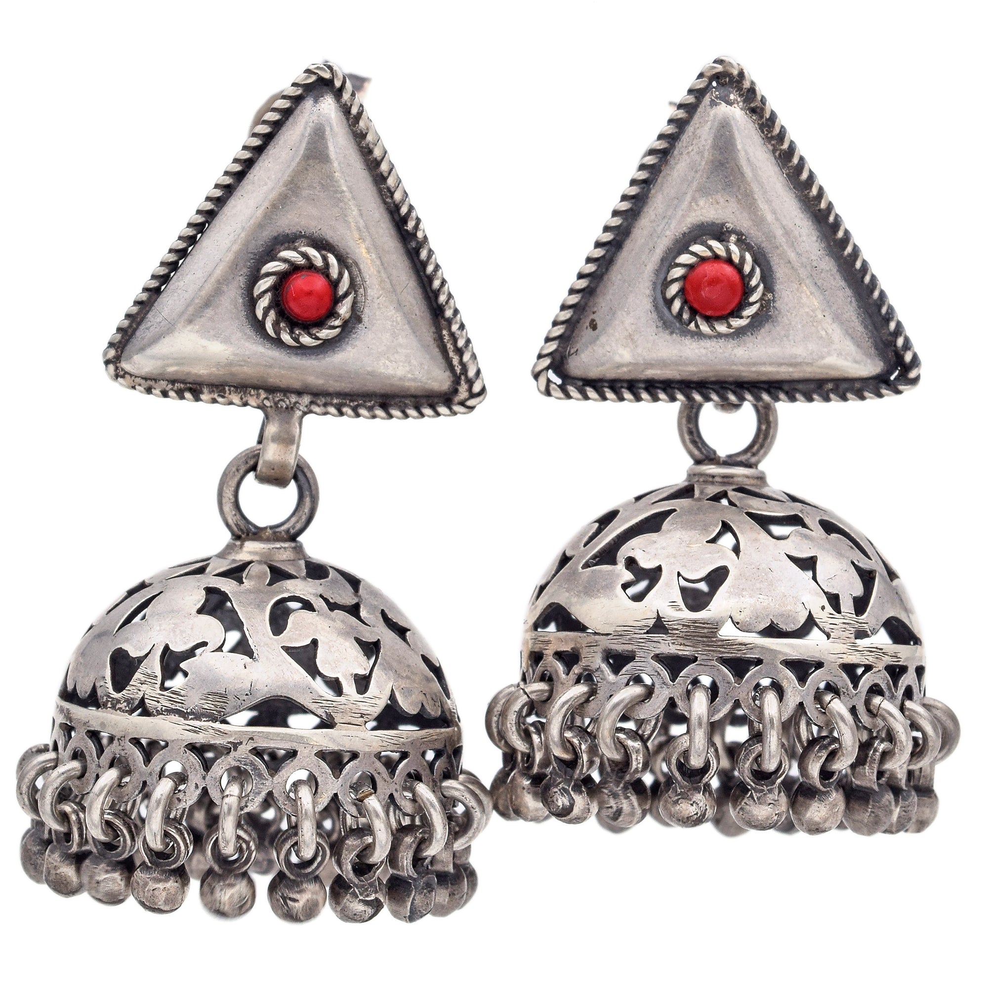 Estate 925 Sterling Silver Red Glass Bead Jhumka Bell Earrings – Blue ...