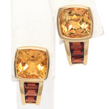 14K Yellow Gold 0.52 TCW Cushion Cut Citrine and Baguette Garnet J Hoop Earrings