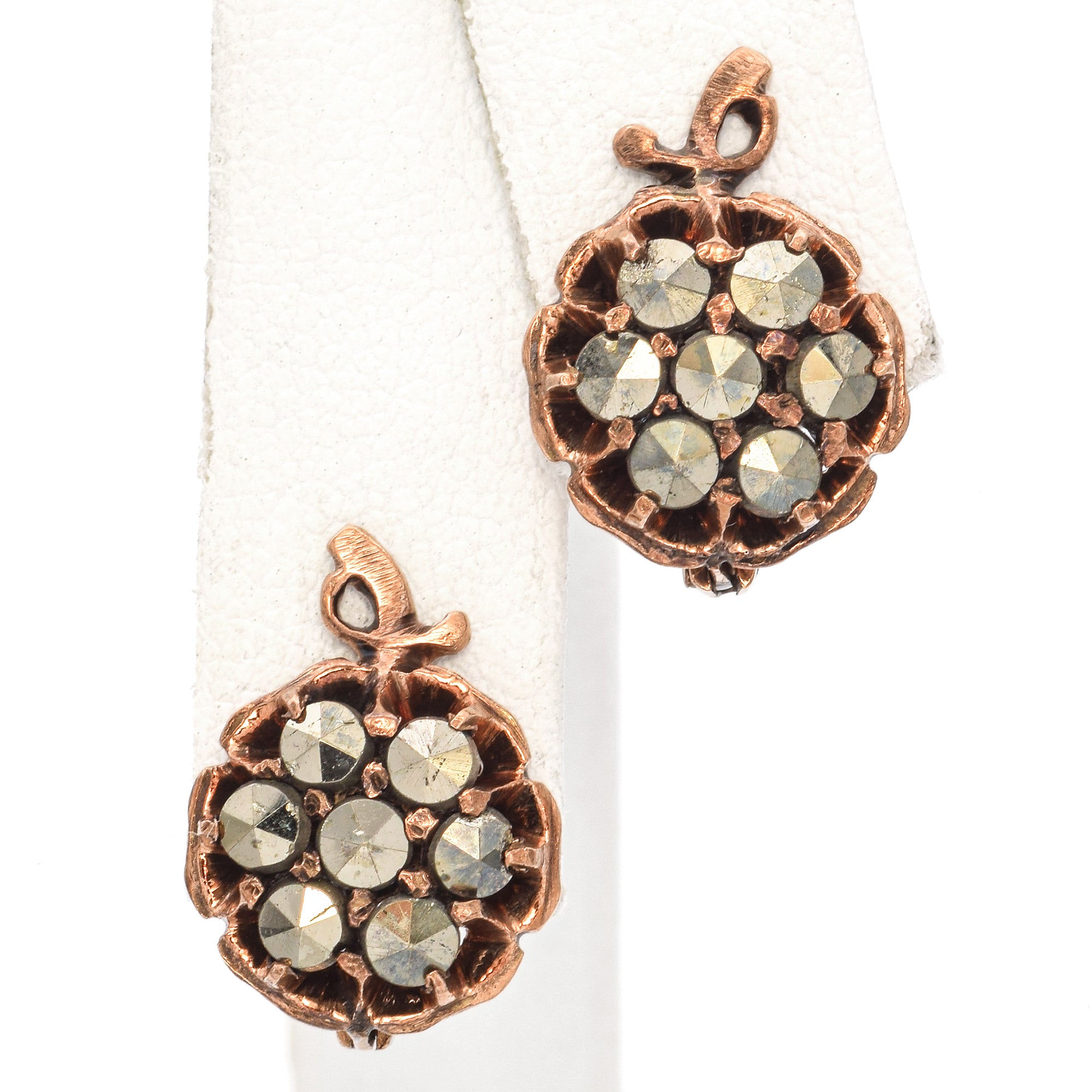 Antique 9K Rose Gold Marcasite Lever-Back Earrings