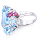 $18,000 Appraised Platinum 30 TCW Aquamarine, Ruby & 0.40 TCW Diamond Ring +Box