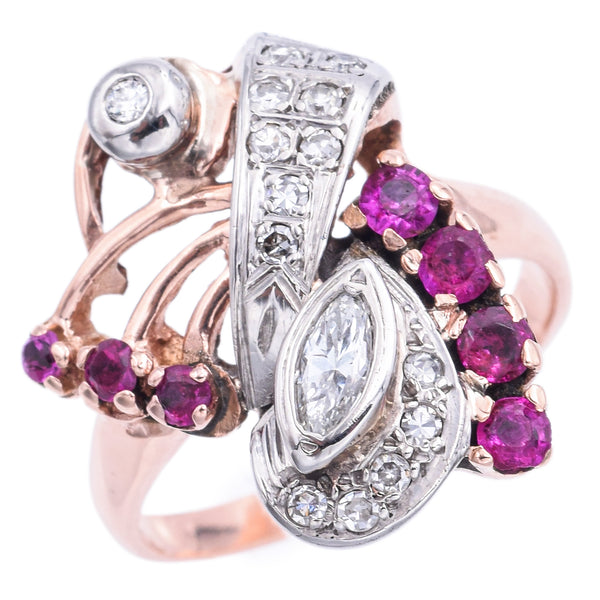 Vintage Rose Gold Ruby & 0.59 TCW Diamond Cocktail Ring Size 9