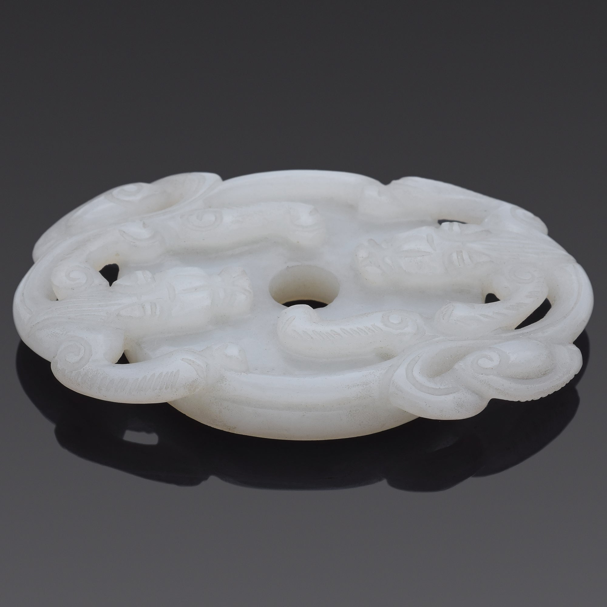 Antique White Mutton Fat Jade Carved Dragon Bi Disc Figurine Pendant