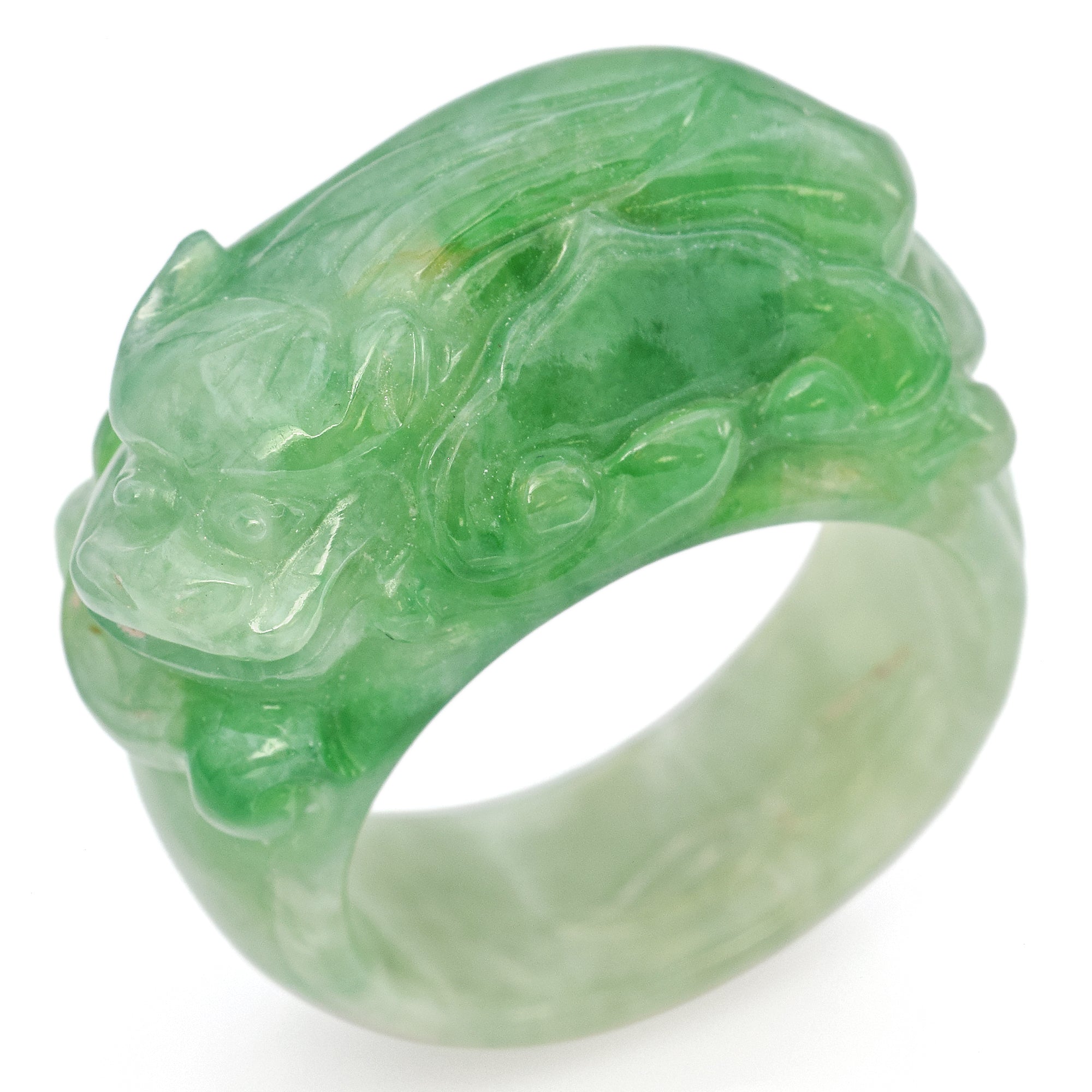 Grade A Translucent Green Jade Carved Saddle Band Ring with Certificate