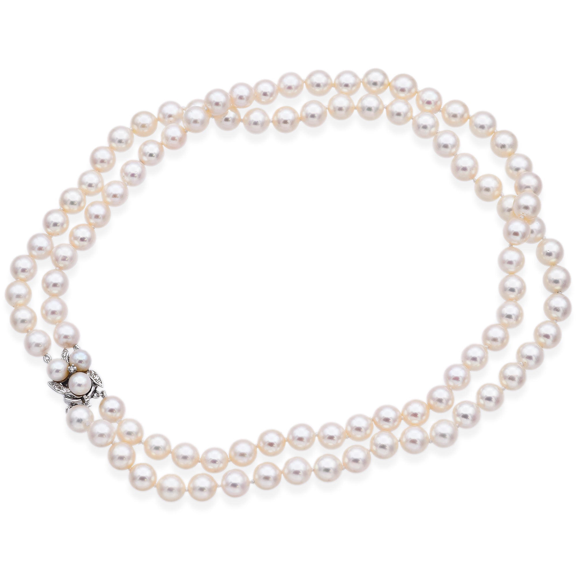 Vintage 14K White Gold Pearl & Diamond Beaded Double-Strand Necklace 15.5 Inches