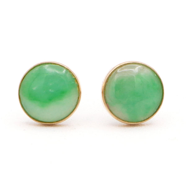 Vintage 14K Yellow Gold Green Jade Round Stud Earrings