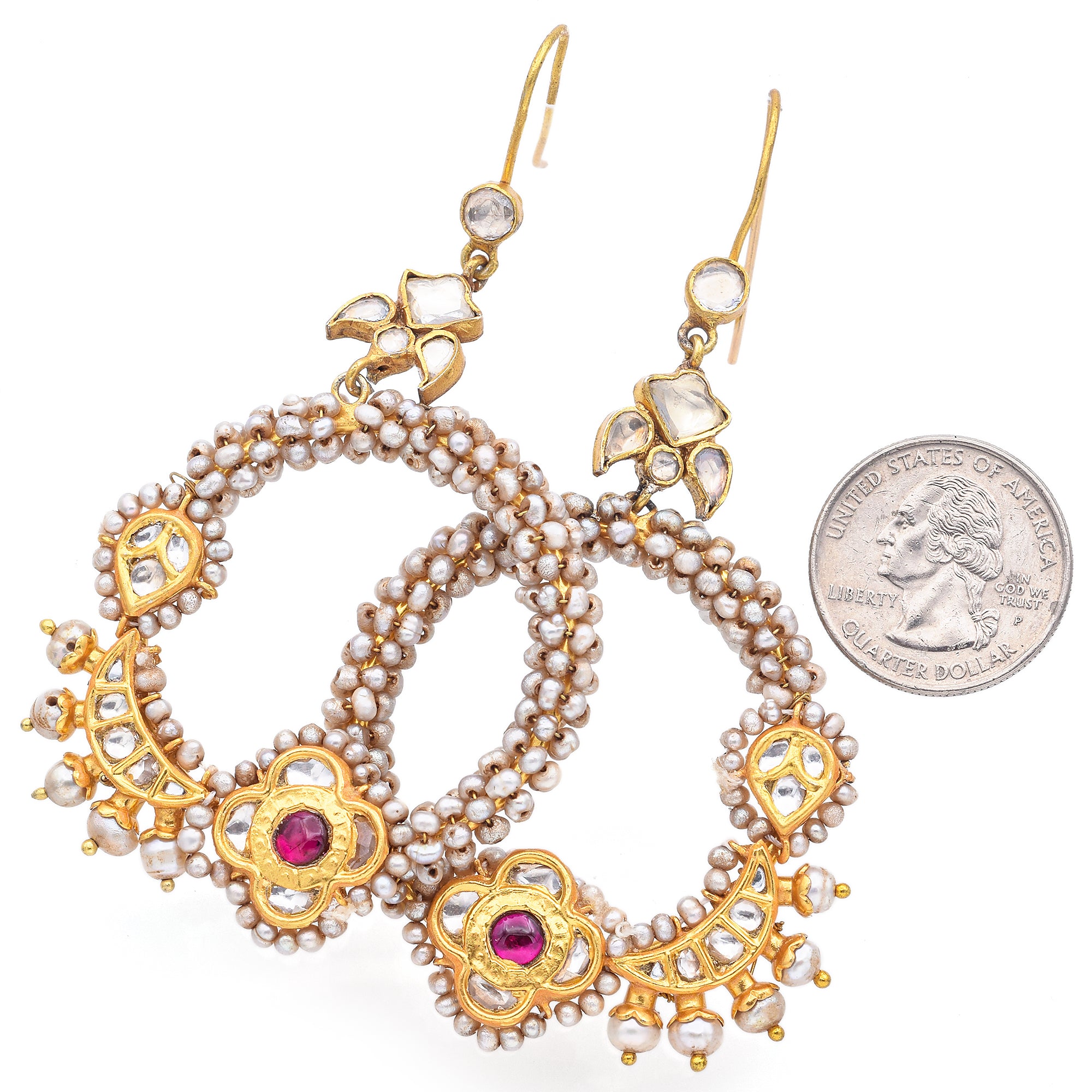 Estate Gold Vermeil Ruby Pearl Sapphire Traditional Kundan Chandbali Earrings