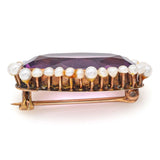 Antique 14K Yellow Gold Purple Paste & Sea Pearl Oval Brooch Pin 5.1 Grams