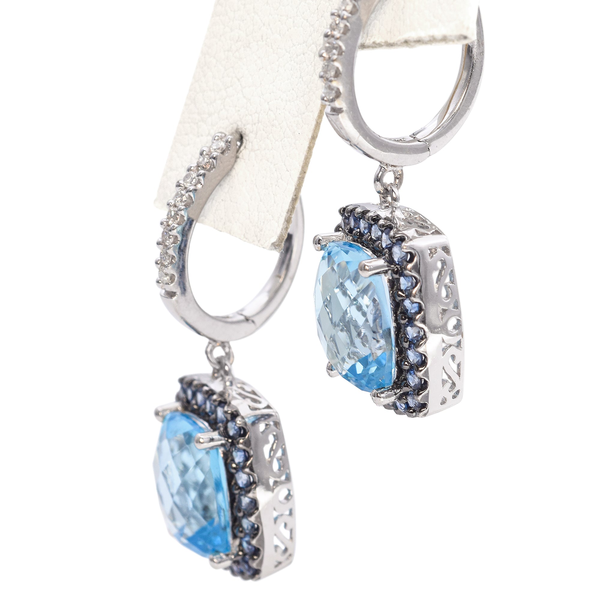 18K White Gold 7.4 Ct. Blue Topaz, Diamond, Sapphire Halo Drop Earrings