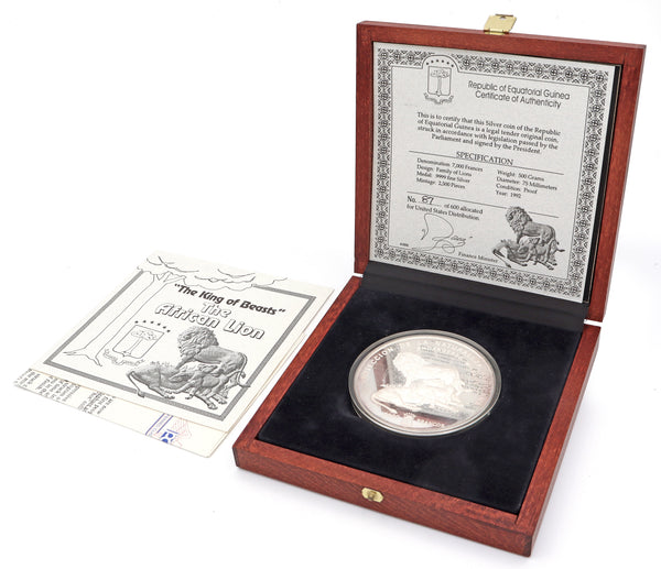 1992 Equatorial Guinea Elephant & Lion Proof Coin 7000 Francos .9999 Silver 500g
