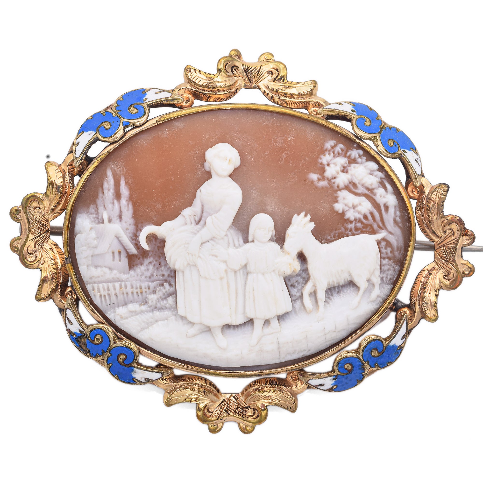 Antique Cameo Shell & Enamel Mother Child and Goat Brooch Pin