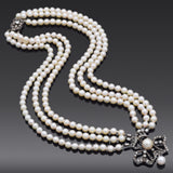 Antique Victorian Sterling Silver Paste & Pearl Beaded Multi-Strand Necklace