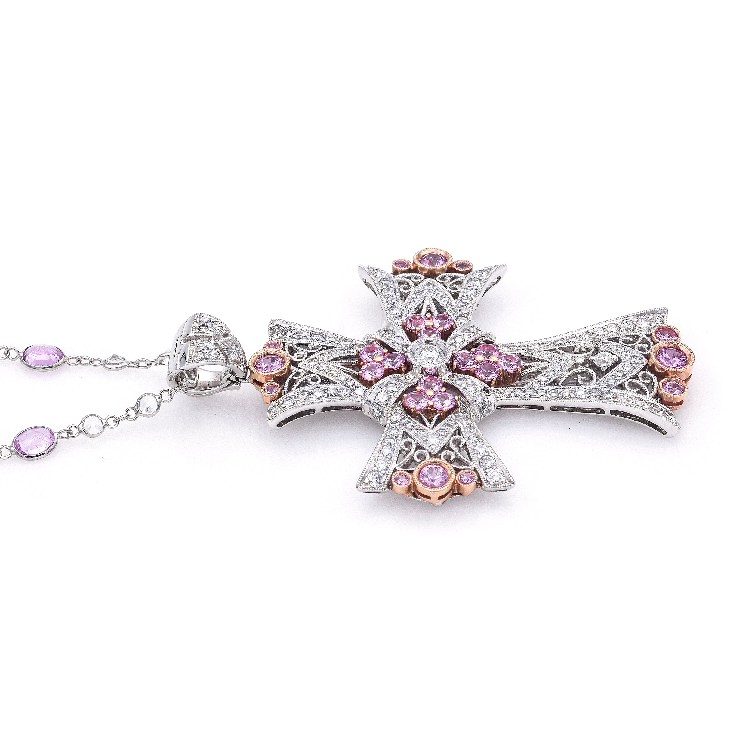 Estate 18K White Gold Pink Sapphire & Diamond Cross Pendant Necklace