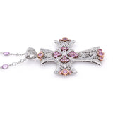 Estate 18K White Gold Pink Sapphire & Diamond Cross Pendant Necklace