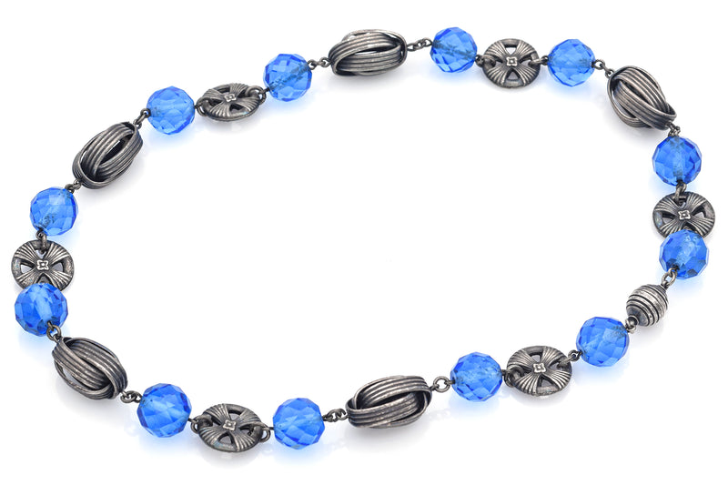 Antique Sterling Silver Blue Crystal Faceted Beaded Strand Necklace 16.75 Inches