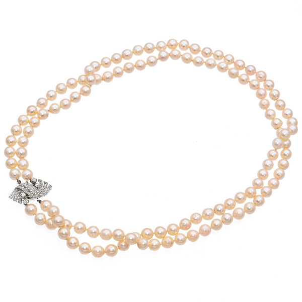 Vintage White Gold Pearl & Diamond Double-Strand Necklace