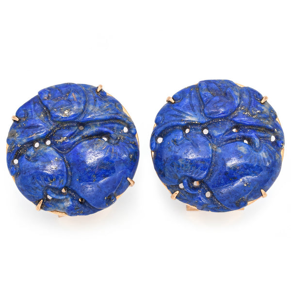 Vintage Gump's 14K Yellow Gold Lapis Round Floral Carved Omega-Back Earrings