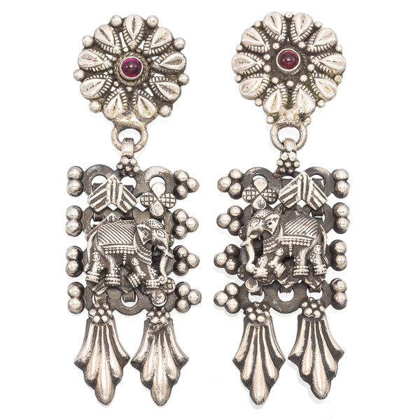 Estate Sterling Silver Ruby Elephant Traditional Jhumka Earrings