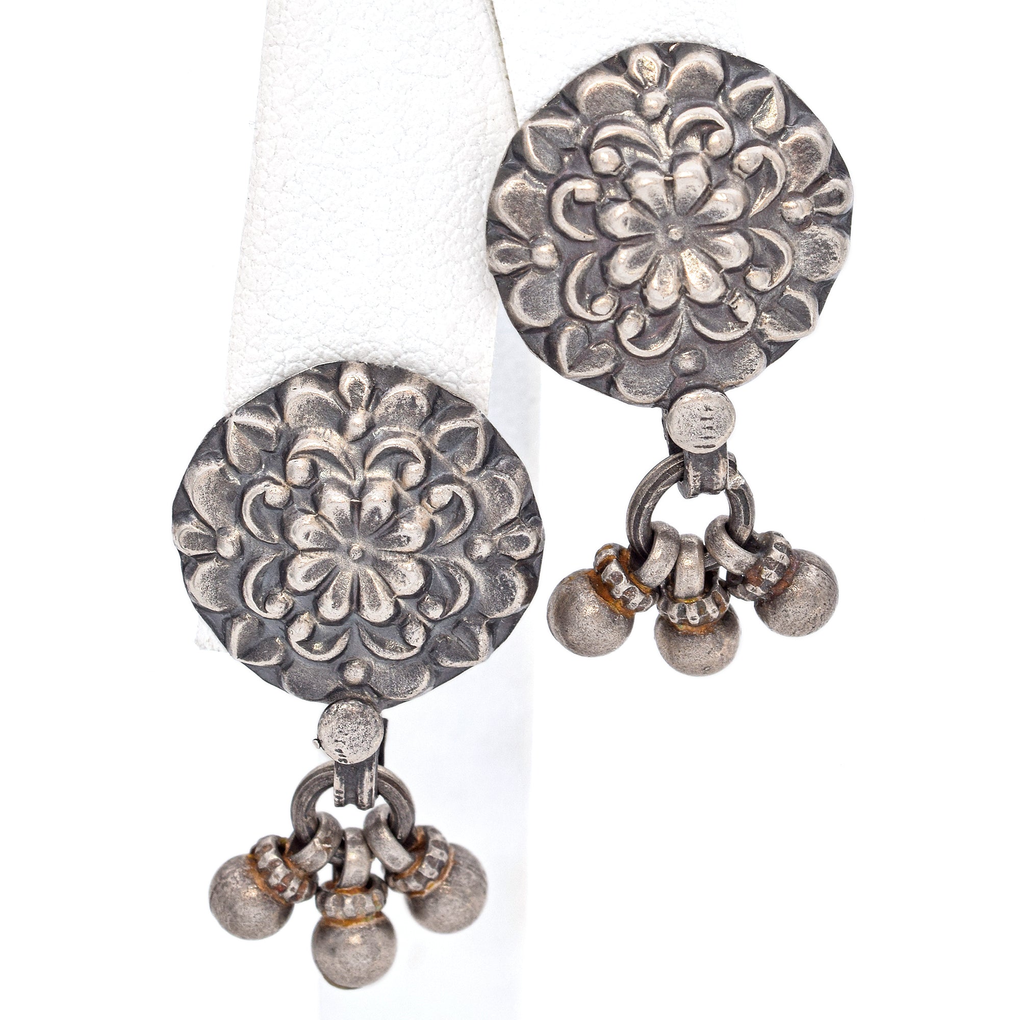 Estate Sterling Silver Floral Round Drop Traditional Jhumka Earrings