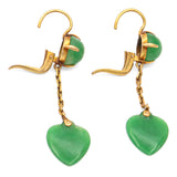 Vintage 18K Yellow Gold Jade Lever Back Dangle Heart Earrings