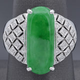 Estate 18K White Gold Green Jade & Diamond Band Ring Size 8