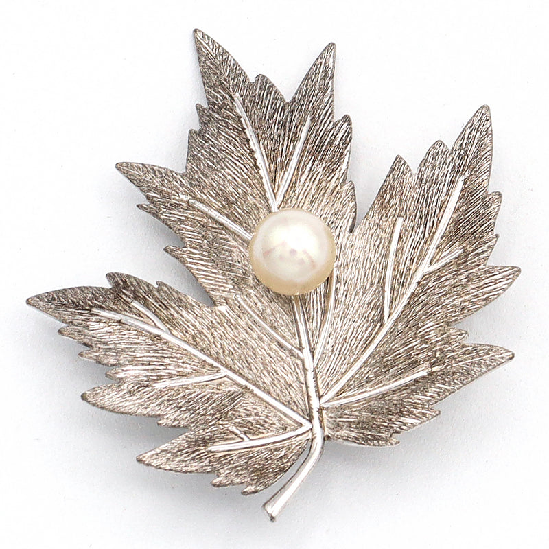 Vintage Mikimoto Sterling Silver Pearl Maple Leaf Brooch Pin