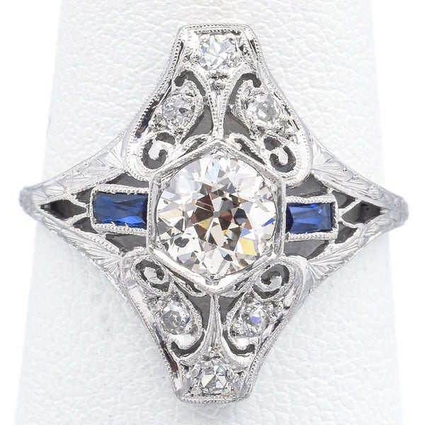 Antique Art Deco 1.04 TCW Old Euro Diamond & Sapphire Platinum Ring Size 7