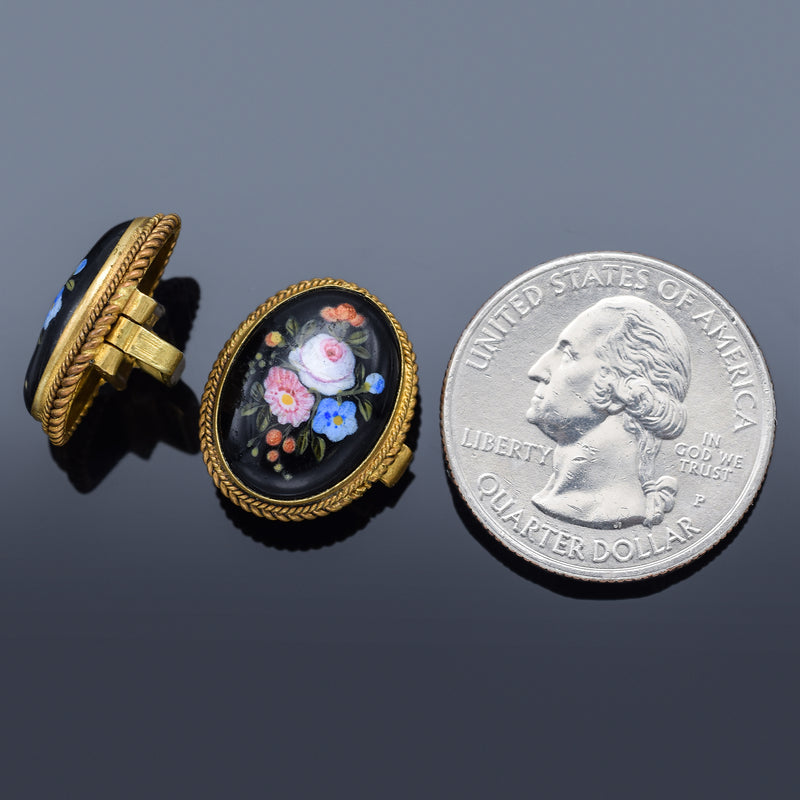 Antique Victorian English GF Jet Hand Painted Enamel Floral Cufflinks +Box