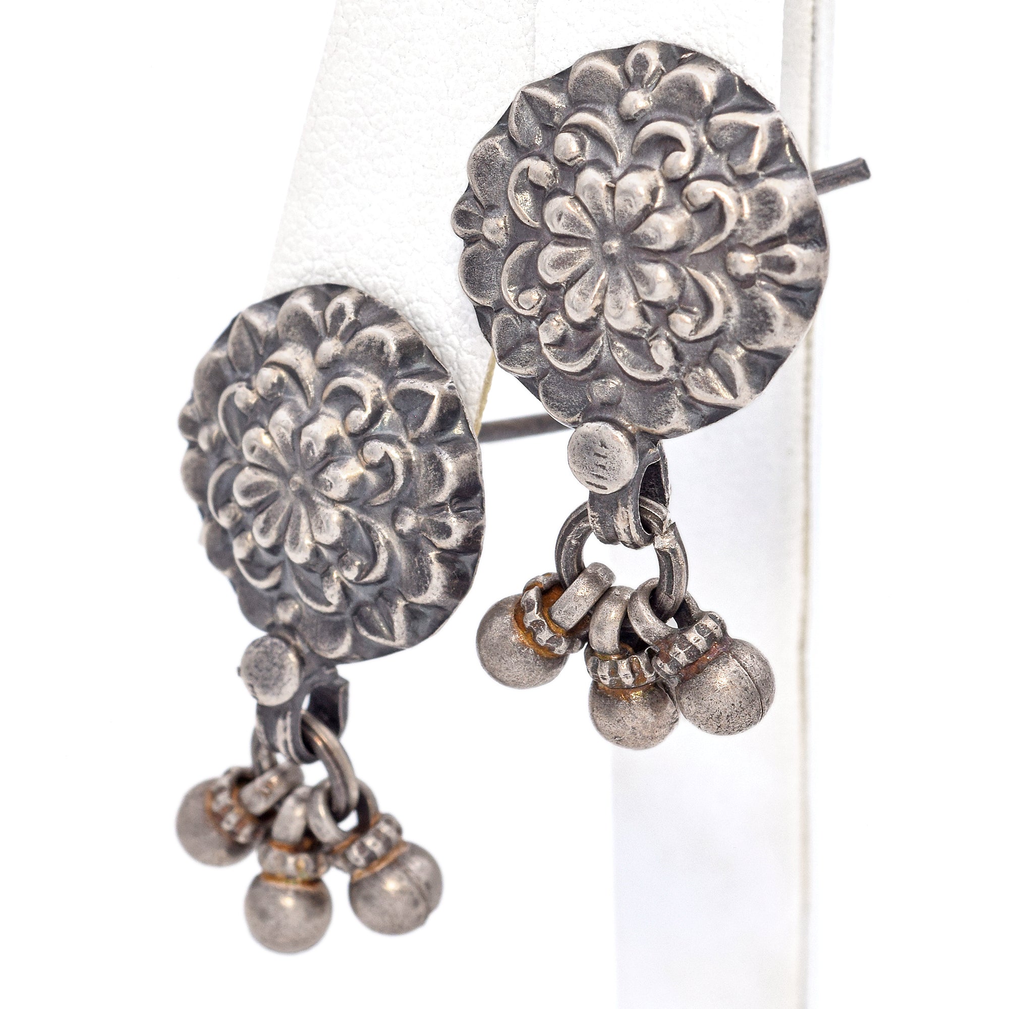 Estate Sterling Silver Floral Round Drop Traditional Jhumka Earrings