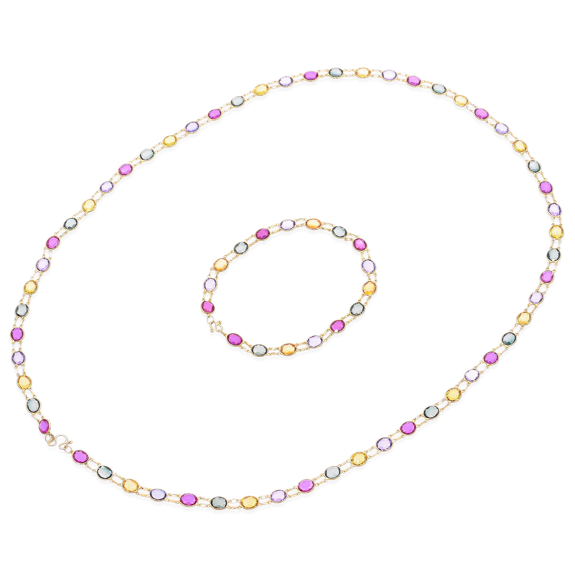 10K Yellow Gold Multi-Gemstone Oval Link Necklace and Bracelet Set