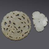 Antique White & Pale Green Jade Round Carved Children Openwork & Moth Pendants