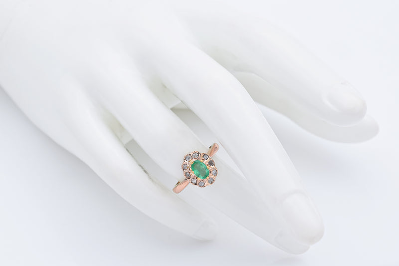 Antique 10K Yellow Gold Natural Emerald & Mine Cut Diamond Band Ring Size 3.25