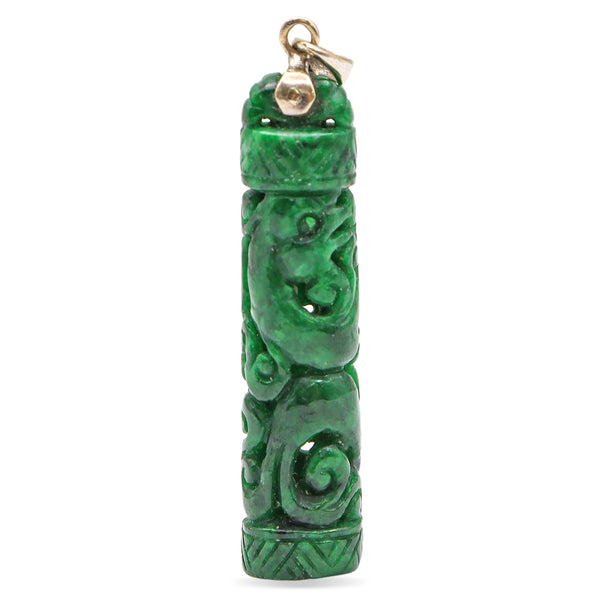 Vintage 18K White Gold Carved Green Jade Phoenix Dragon Pendant, 4.6 Grams