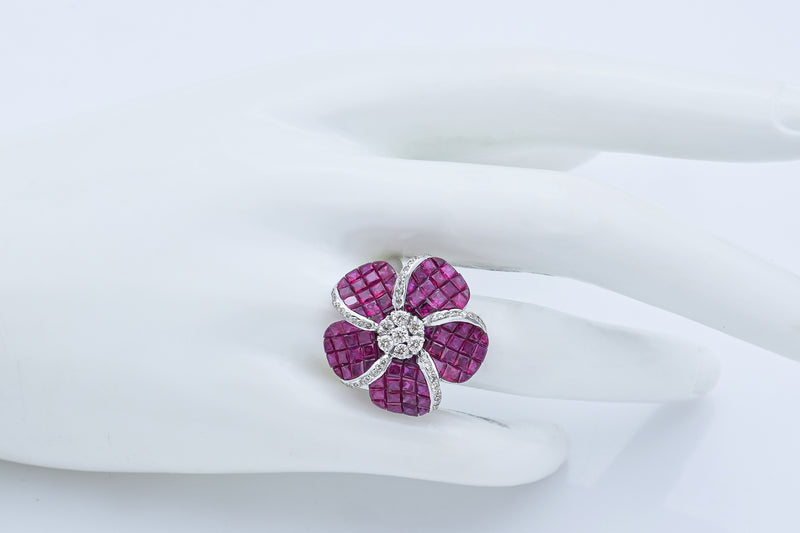 Estate 14K White Gold 6.00 TCW Ruby & 0.54 TCW Diamond Floral Ring Size 9