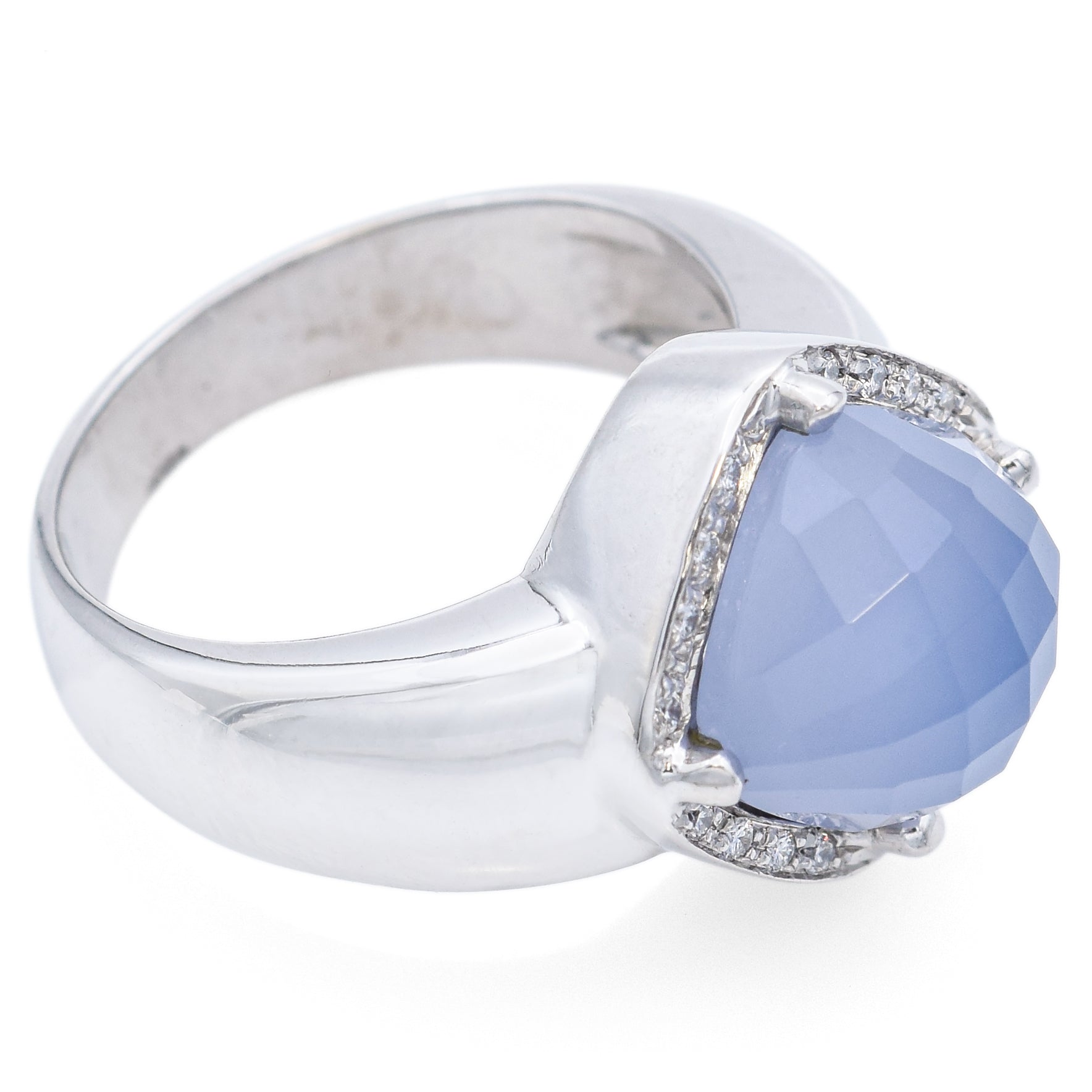 Rina Limon 18K White Gold 3.44 Ct Chalcedony & Diamond Cushion Band Ring Size 6