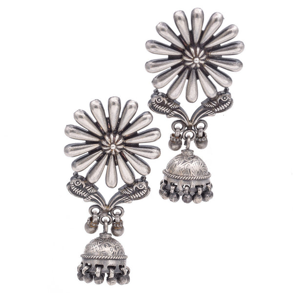 Estate Sterling Silver Floral Drop Traditional Jhumka Earrings