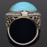 Antique Silver Turquoise & Seed Pearl Round Cocktail Ring Size 5