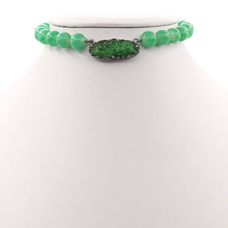 Vintage Silver Peking Glass with Jade Clasp Choker Necklace 15 Inches