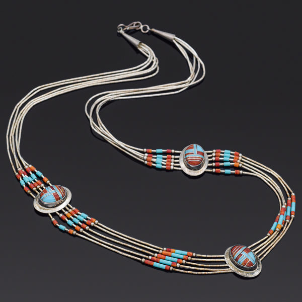 Vintage Southwestern Sterling Silver Turquoise & Red Spiny Oyster Necklace