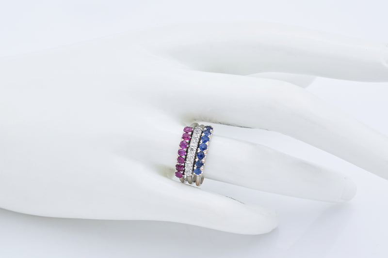 Antique 14K White Gold Sapphire, Ruby & Diamond 3 Soldered Rings Set Size 7