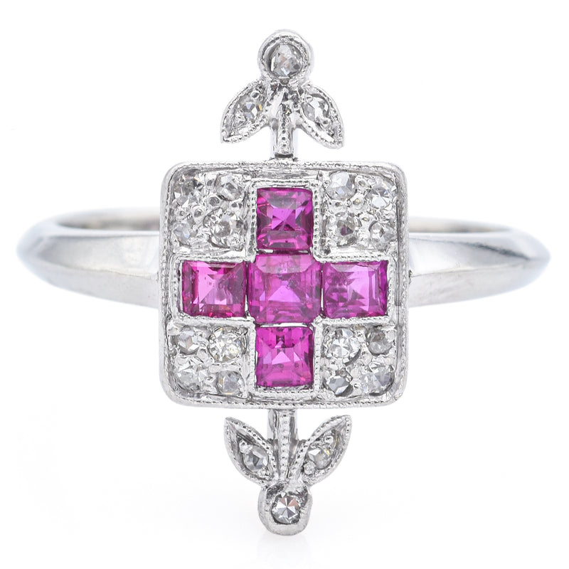 Antique Art Deco 14K White Gold Ruby & Rose & Mine Cut Diamond Band Ring Size 5