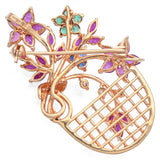 Vintage 18K Yellow Gold Multi-Stone & Diamond Flower Basket Brooch Pin Pendant