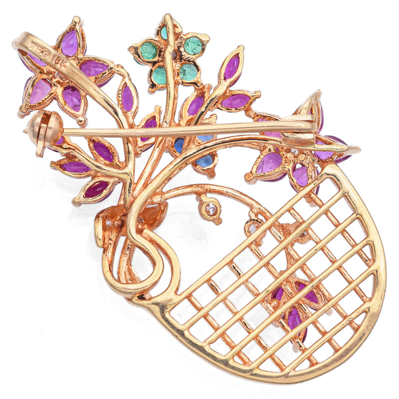 Vintage 18K Yellow Gold Multi-Stone & Diamond Flower Basket Brooch Pin Pendant