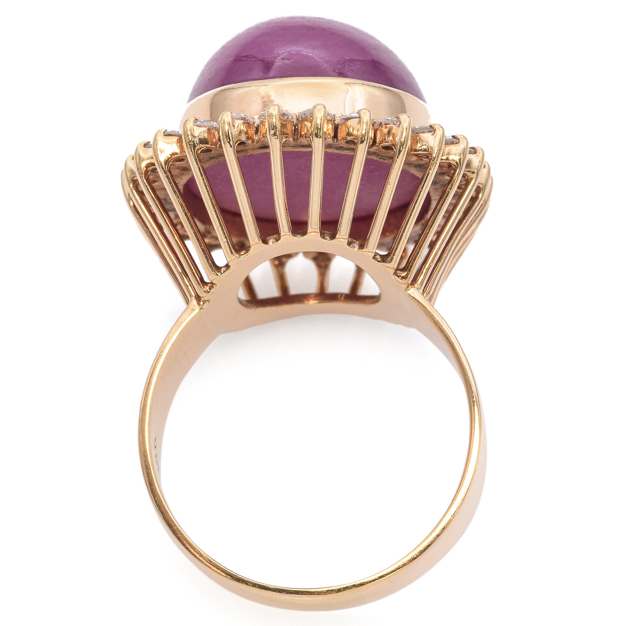 14K Yellow Gold 49.68 Ct. Pink Sapphire Cabochon Diamond Halo Cocktail Ring