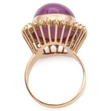 14K Yellow Gold 49.68 Ct. Pink Sapphire Cabochon Diamond Halo Cocktail Ring