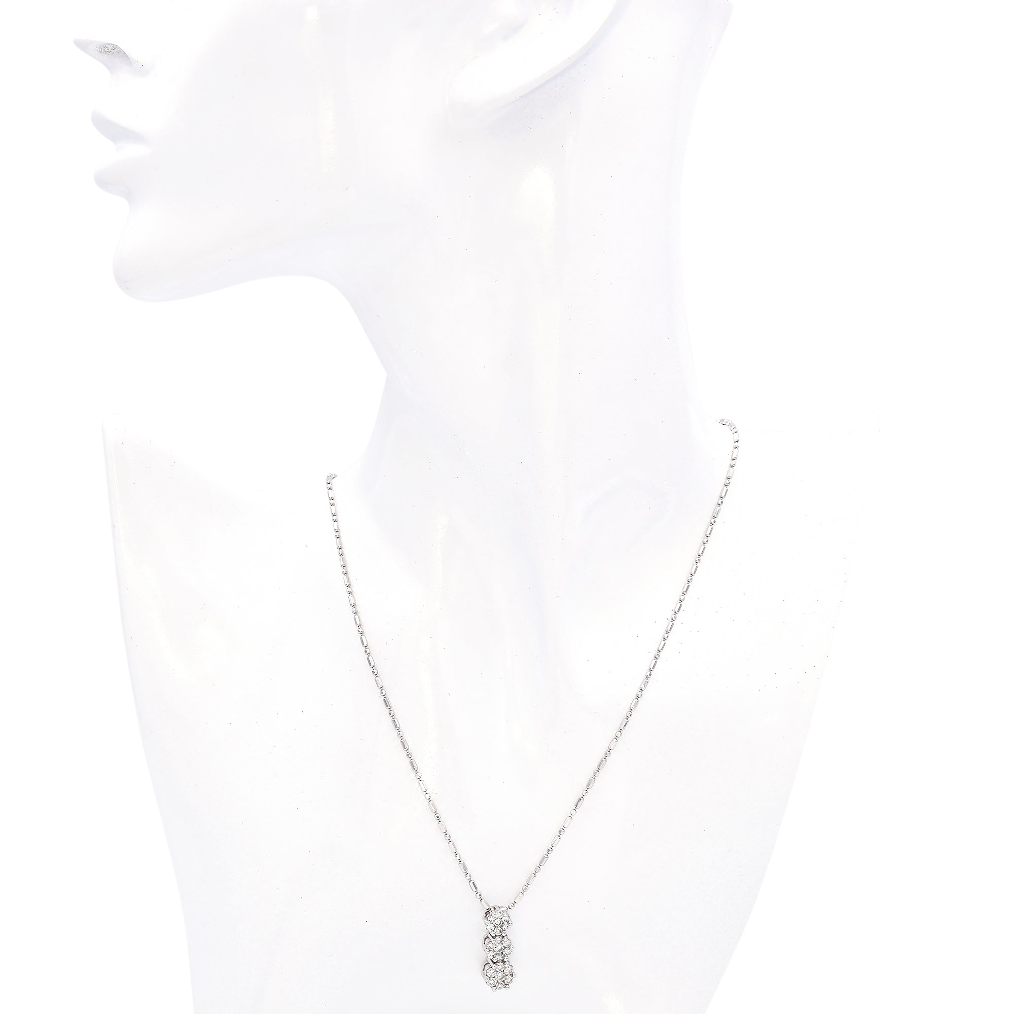 14K White Gold Triple 0.93 TCW Diamond Cluster Pendant Bar & Bead Chain Necklace