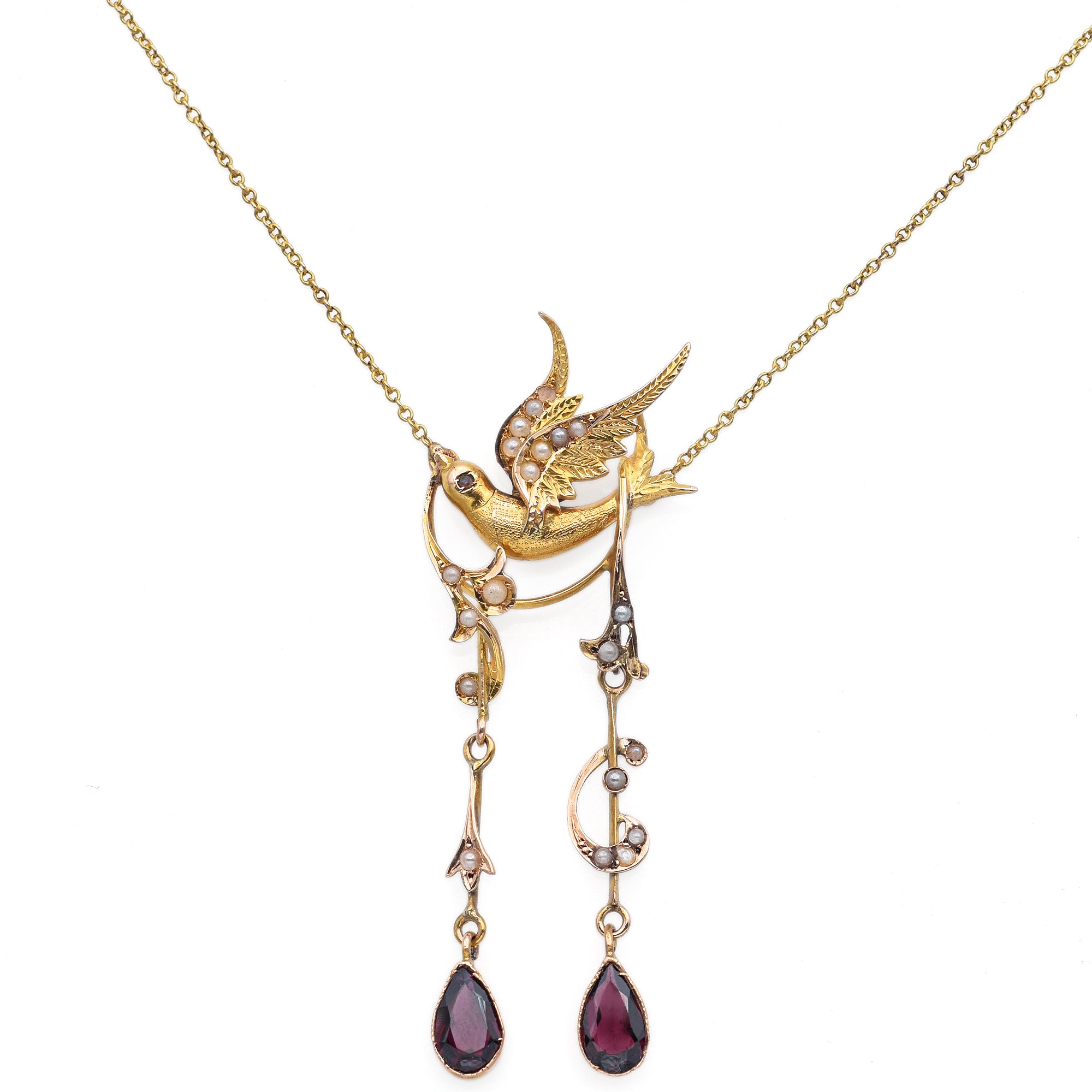 Antique Garnet & Seed Pearl 19K Yellow Gold Bird Pendant Necklace