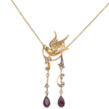 Antique Garnet & Seed Pearl 19K Yellow Gold Bird Pendant Necklace